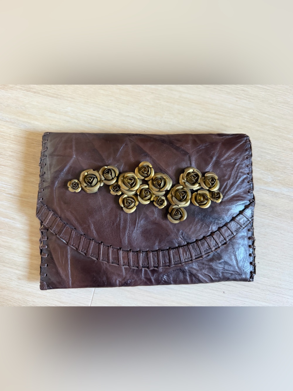 Brown Leather Clutch with Gold Floral Accent